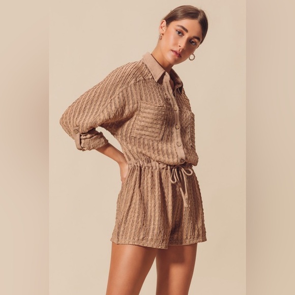 White ivory textured lace crochet knit button drawstring boho bohemian romper … - Picture 8 of 9